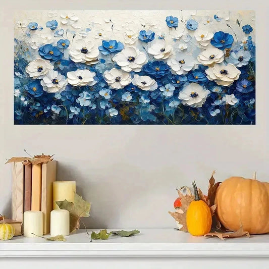 White & Blue Abstract Floral Wall Art Canvas Office Home Room Framed 120x60cm