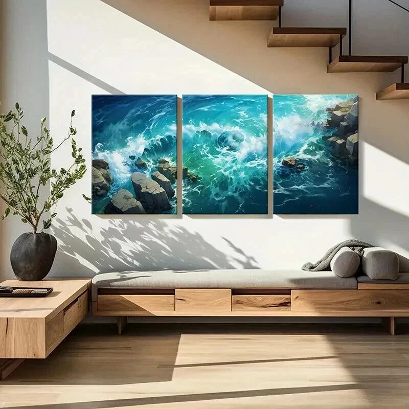 3pcs Anime Style Sea Waves & Rocks Wall Art Set Canvas Framed 40x60cm - High Quality Print 100% Australian Made Wall Canvas Ready to Hang