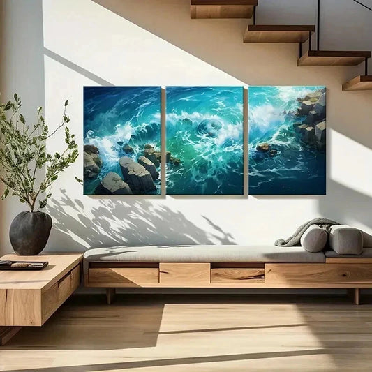 3pcs Anime Style Sea Waves & Rocks Wall Art Set Canvas Framed 40x60cm - High Quality Print 100% Australian Made Wall Canvas Ready to Hang