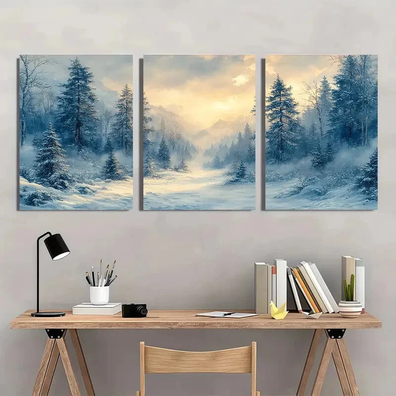 3pcs Snowy Evergreen Trees Misty Landscape Wall Art Set Canvas Framed 40x60cm - High Quality Print 100% Australian Made Wall Canvas Ready to Hang