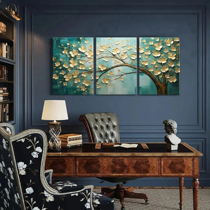 3pcs Golden Blossoms Abstract Floral Art Metal Print Ready to Hang Art