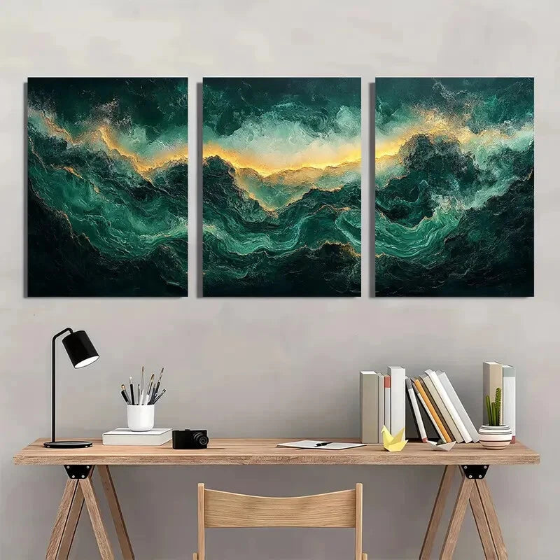 3pcs Emerald Green Abstract Modern Art Metal Print Ready to Hang Art