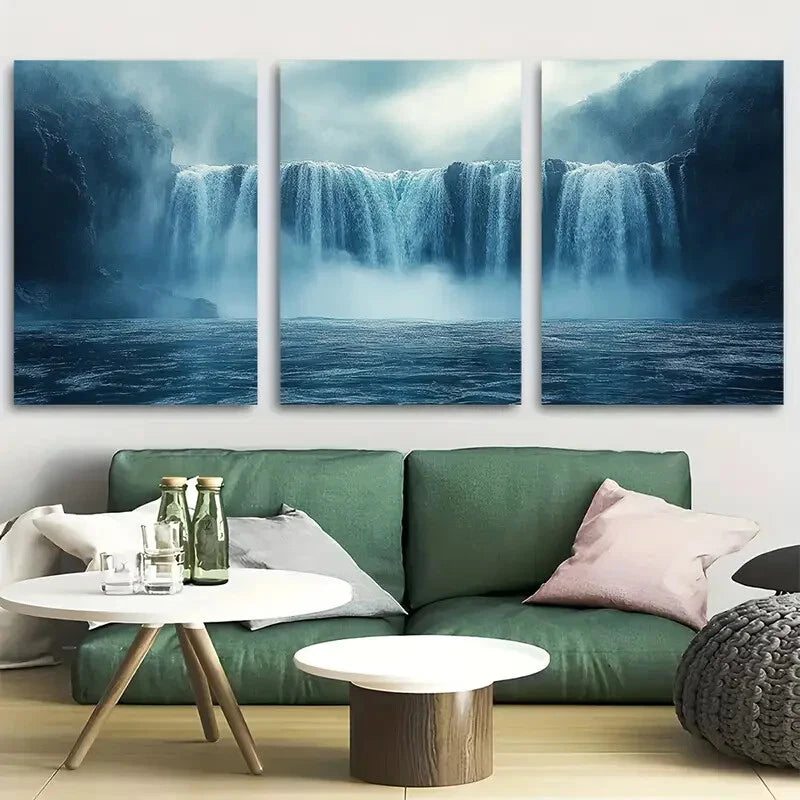 3pcs Majestic Waterfall Cascading Into Misty Water Metal Print Ready to Hang Art