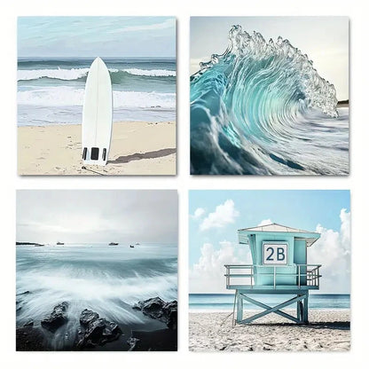 4pcs Summer Melody Surf Ocean Picture Wall Art Canvas Framed