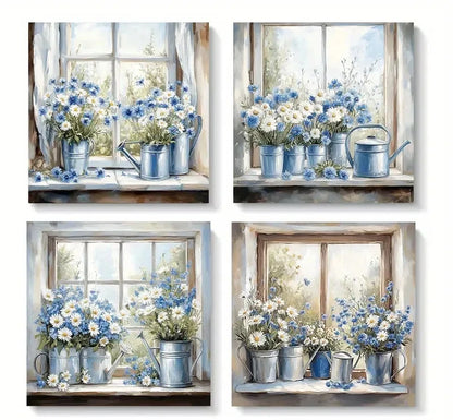 4pcsElegant Blue & White FloralWall Art Canvas Framed