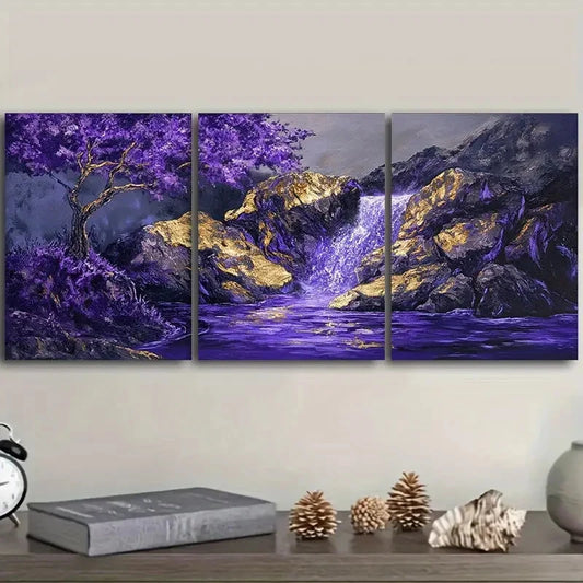 3pcs Purple And Golden Iridescent Rock Metal Print Ready to Hang Art