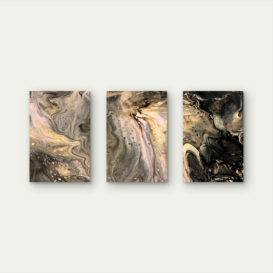 3pcs Black & Beige Fluid Pour Abstract Art Wall Art Set Canvas Framed 60x90cm - High Quality Print 100% Australian Made Wall Canvas Ready to Hang