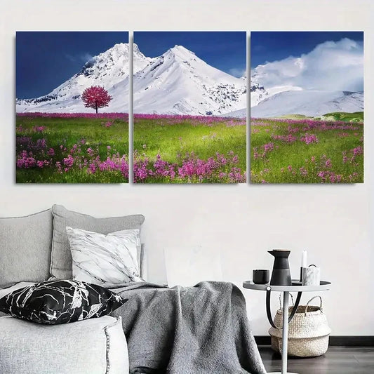 3pcs Snow Capped Peaks with Pink Blossoms Metal Print Ready to Hang Art