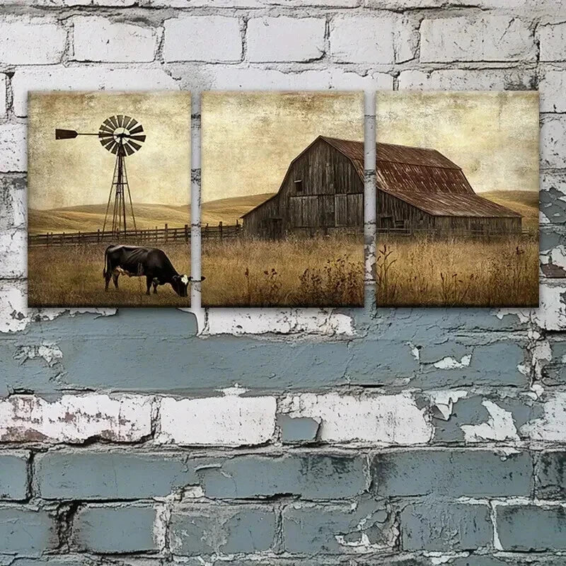 3pcs Barn And Windmill Scene with Cows Wall Art Set Canvas Framed 40x60cm - High Quality Print 100% Australian Made Wall Canvas Ready to Hang