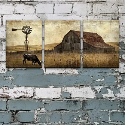 3pcs Barn And Windmill Scene with Cows Wall Art Set Canvas Framed 40x60cm - High Quality Print 100% Australian Made Wall Canvas Ready to Hang