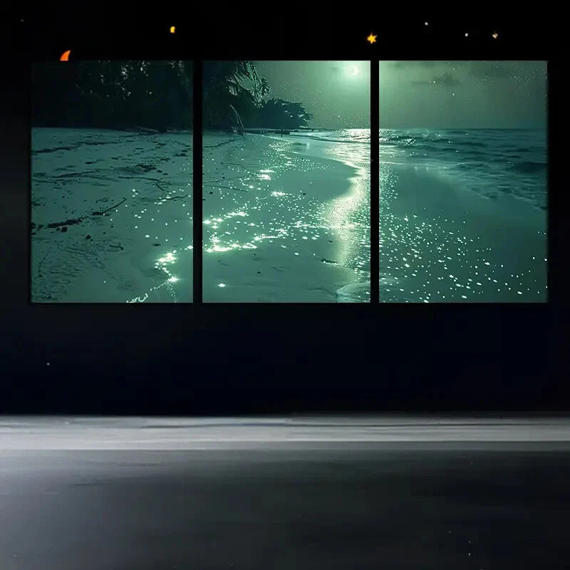 3pcs Glowing Beach Moonlit Scene Metal Print Ready to Hang Art