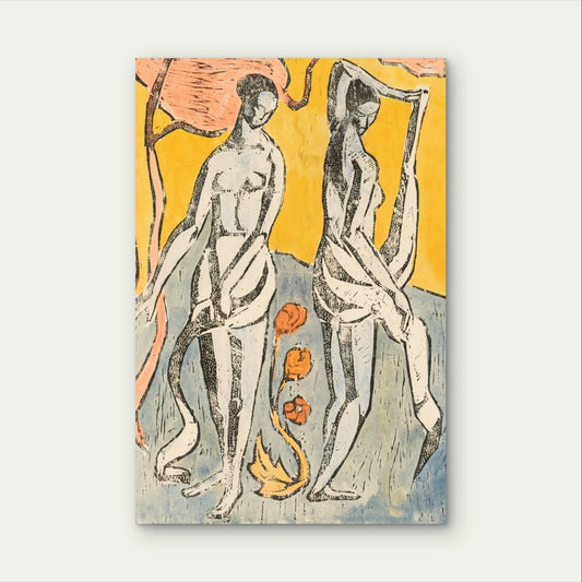 Expressionist Two Figures and Flowers Abstract Metal Print Ready to Hang