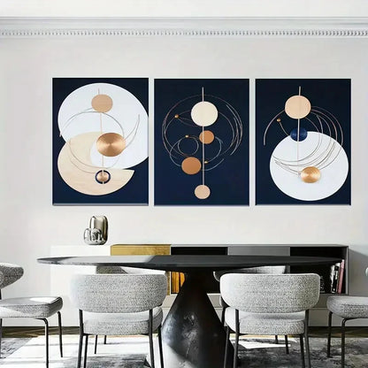 3pcs Modern Geometric Blue Golden & White Metal Print Ready to Hang Art