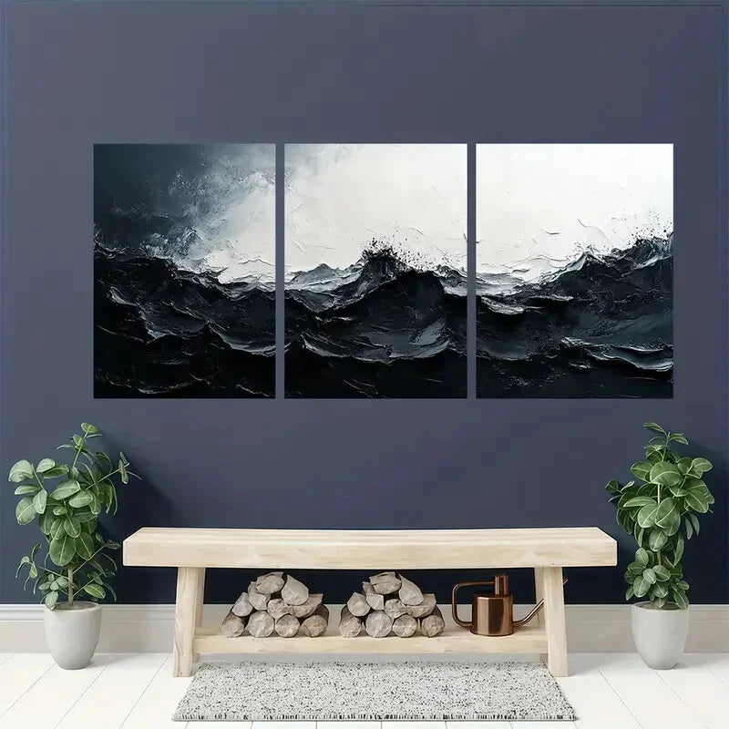 3pcs Black & White Textured Minimalist Metal Print Ready to Hang Art