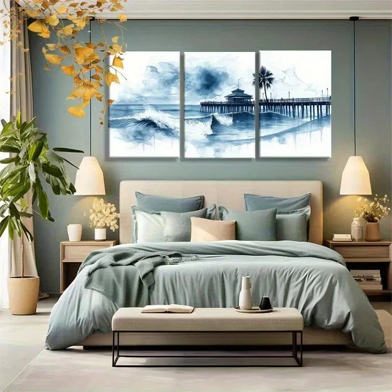 3pcs Palm Trees Surfing Waves and Pier Scene Metal Print Ready to Hang Art