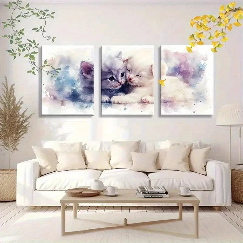 3pcs Cute Hug Kitten Watercolor Wall Art Metal Print Ready to Hang Art