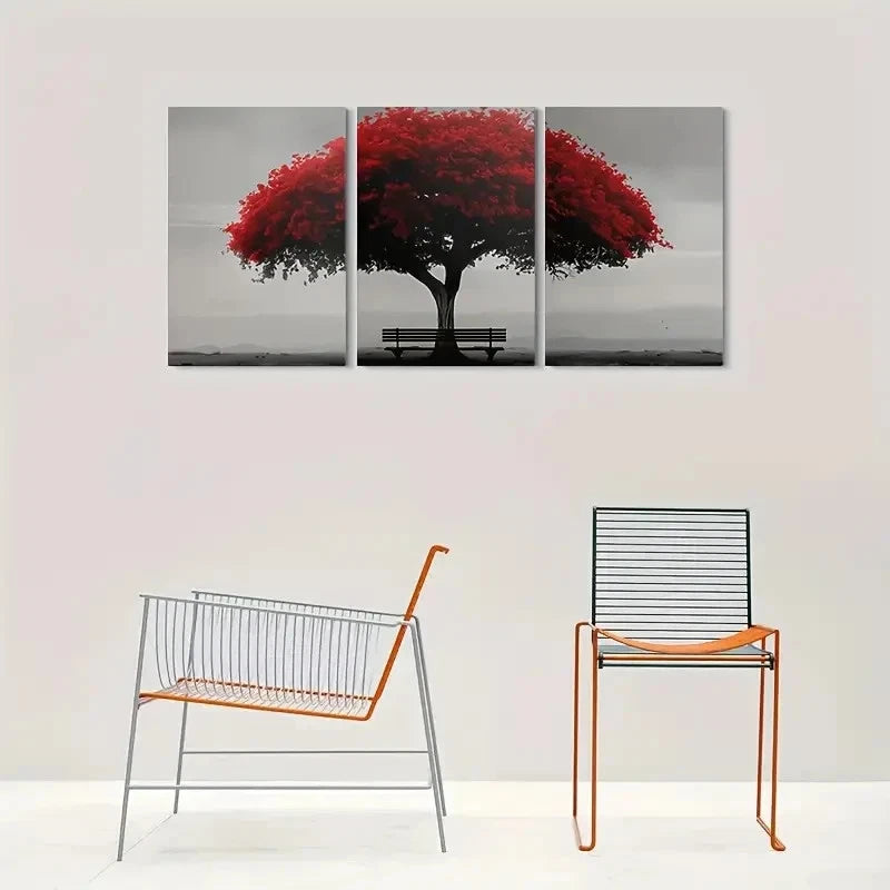 3pcs Red Tree Black Bench Nature Scenery Metal Print Ready to Hang Art