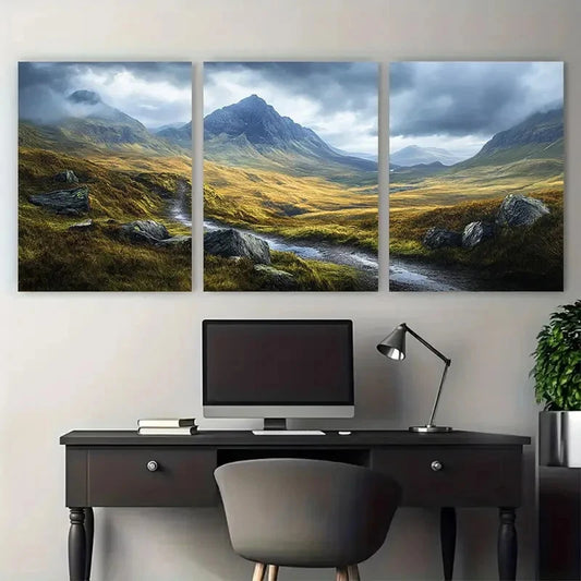 3pcs Celtic Highlands Moody Mountain Landscape Wall Art Set Canvas Framed 50x70cm - High Quality Print 100% Australian Made Wall Canvas Ready to Hang