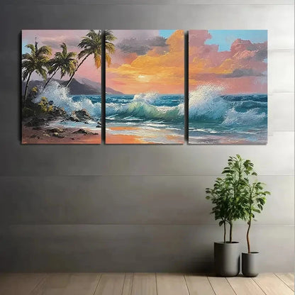 3pcs Hawaiian Beach Scene With Palm Trees Wall Art Set Canvas Framed 50x70cm - High Quality Print 100% Australian Made Wall Canvas Ready to Hang