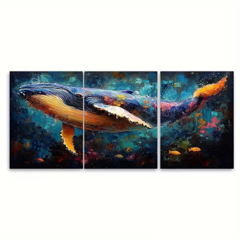 3pcs Humpback Whale Sea Animals Impasto Metal Print Ready to Hang Art