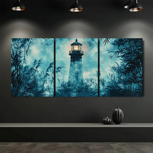 3pcs Victorian Lighthouse Bamboo & Sky Blue Tone Metal Print Ready to Hang Art