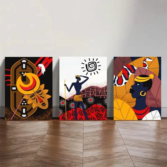 3pcs African Tribal Geometric & Floral Patterns Metal Print Ready to Hang Art