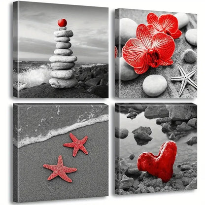 4pcs Coastal Seascape Theme Zen Wall Art Canvas Framed