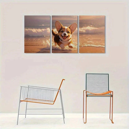 3pcs Adorable Corgi Running on the Beach Metal Print Ready to Hang Art