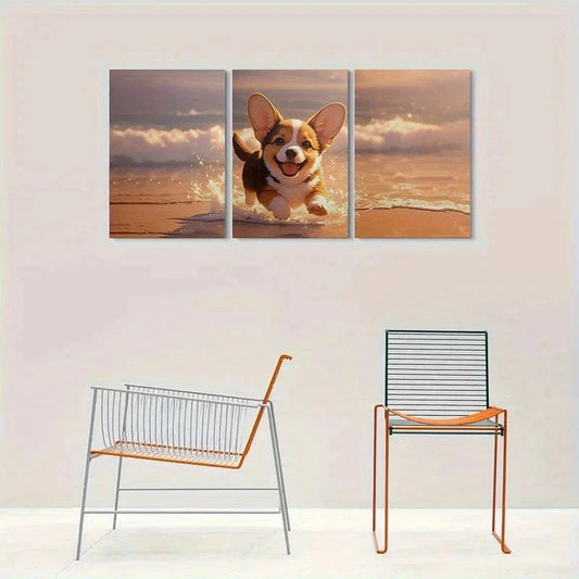3pcs Adorable Corgi Running on the Beach Metal Print Ready to Hang Art