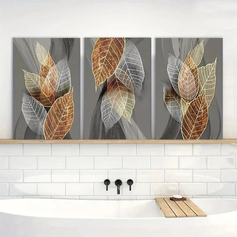 3pcs Black Paintings Abstract Leaves Artwork Metal Print Ready to Hang Art