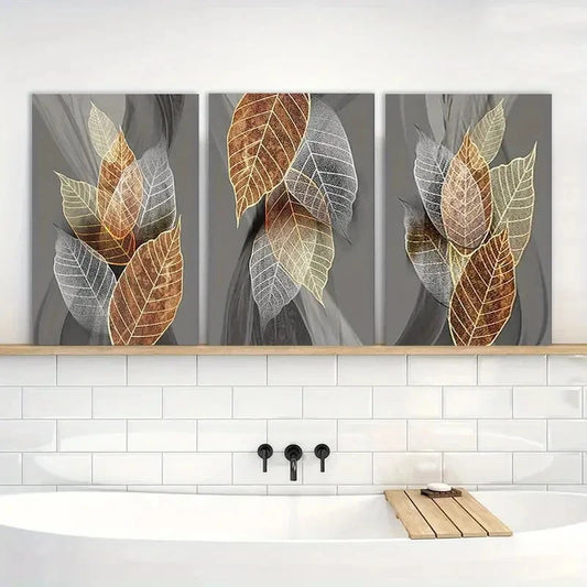 3pcs Black Paintings Abstract Leaves Artwork Metal Print Ready to Hang Art