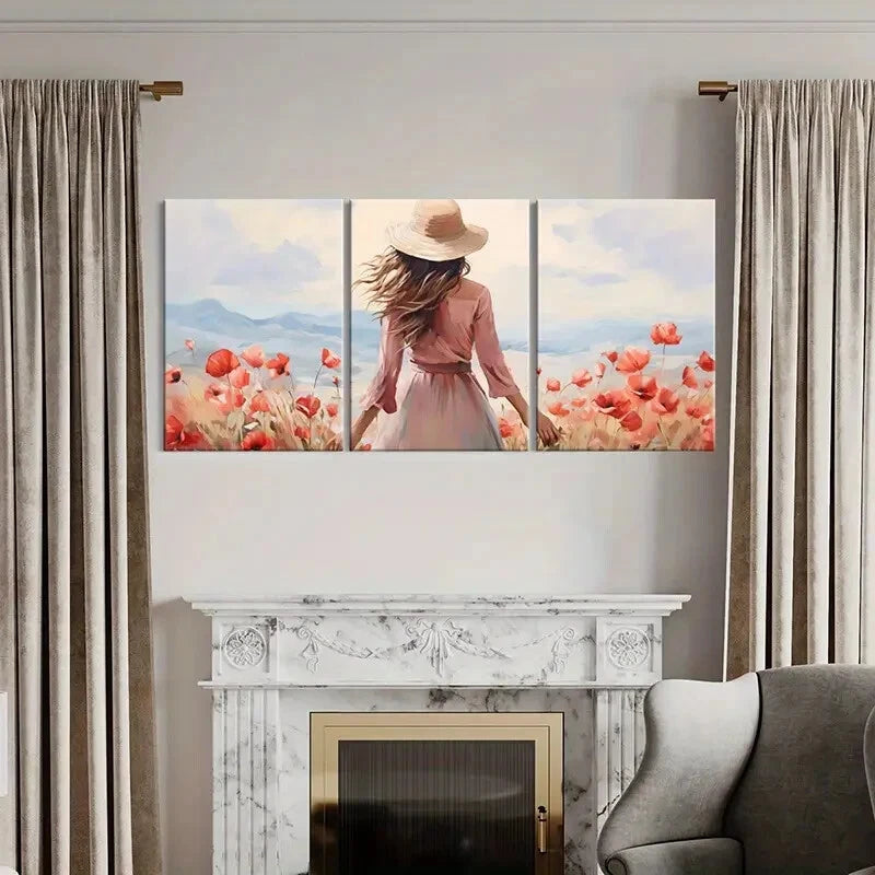 3pcs Flower Field Woman In Hat Mountain View Metal Print Ready to Hang Art