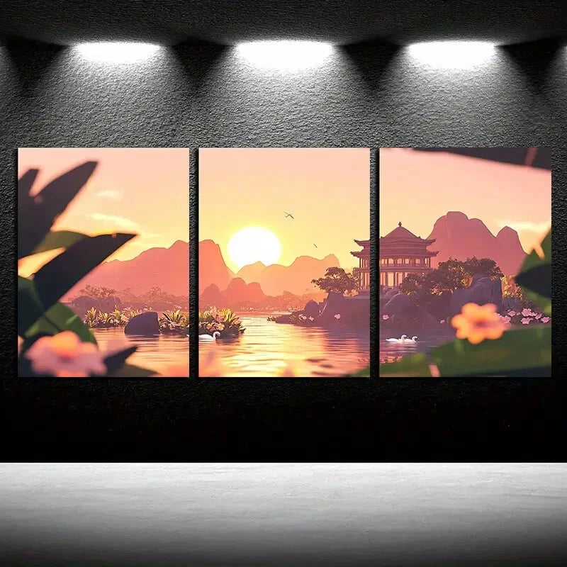 3pcs Vibrant Swans on Lake Surface with Mountain Metal Print Ready to Hang Art