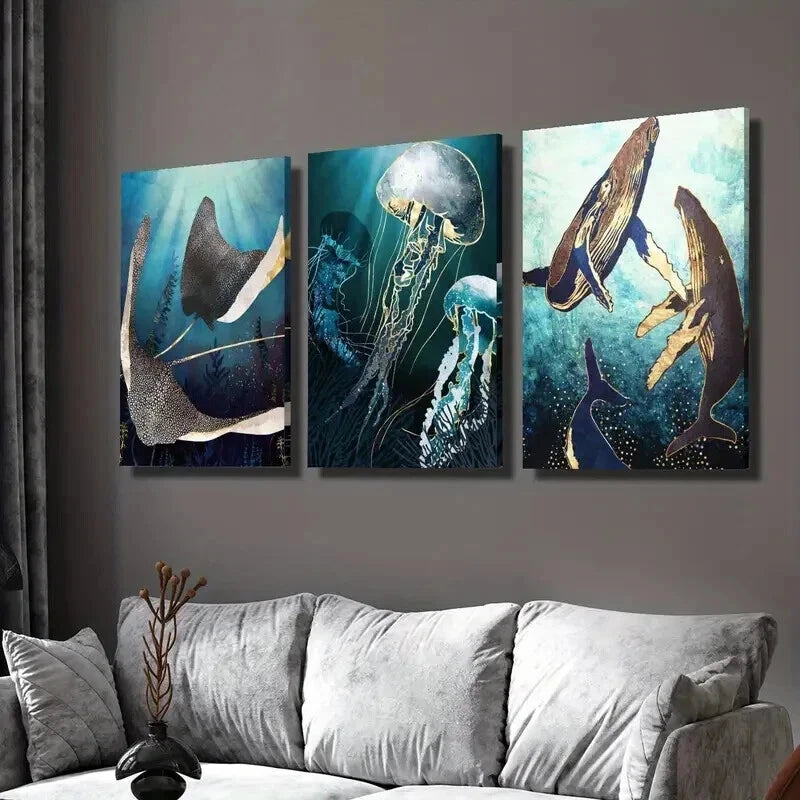 3pcs Whale Octopus Jellyfish Marine Life Wall Art Set Canvas Framed 40x60cm - High Quality Print 100% Australian Made Wall Canvas Ready to Hang
