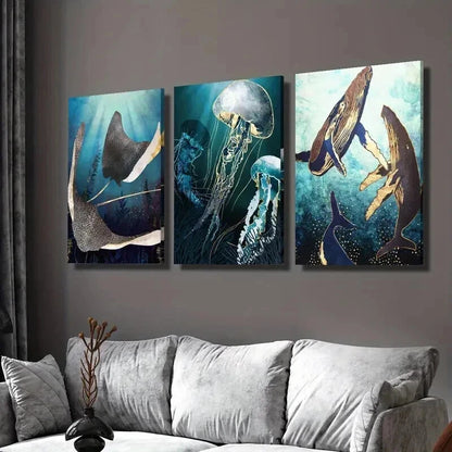 3pcs Whale Octopus Jellyfish Marine Life Wall Art Set Canvas Framed 40x60cm - High Quality Print 100% Australian Made Wall Canvas Ready to Hang