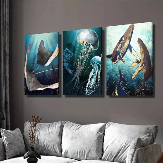 3pcs Whale Octopus Jellyfish Marine Life Wall Art Set Canvas Framed 40x60cm - High Quality Print 100% Australian Made Wall Canvas Ready to Hang