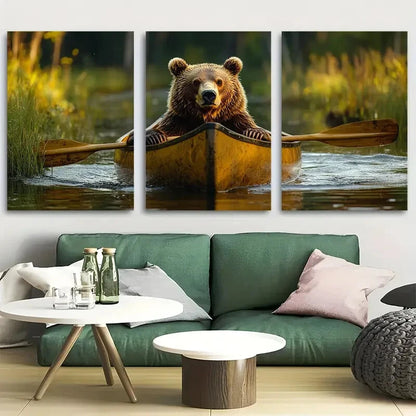 3pcs Giant Brown Bear in Canoe Metal Print Ready to Hang Art
