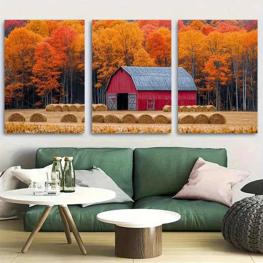 3pcs Old Barn Surrounded By Autumn Forest And Hay Metal Print Ready to Hang Art