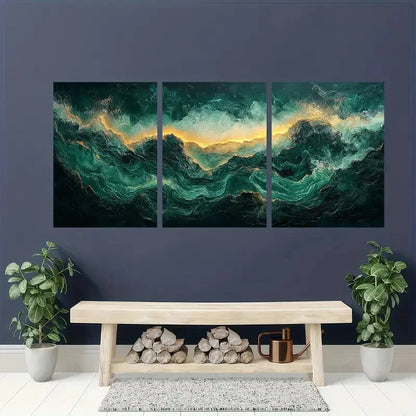3pcs Emerald Green Abstract Modern Art Metal Print Ready to Hang Art