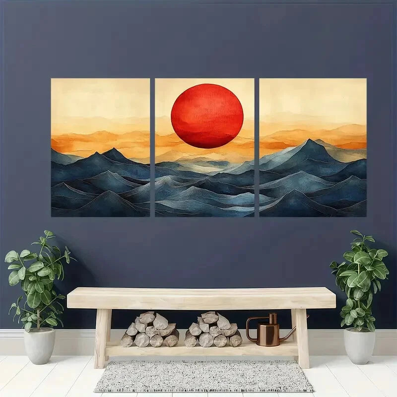 3pcs Abstract Sun and Waves Bauhaus Style Metal Print Ready to Hang Art