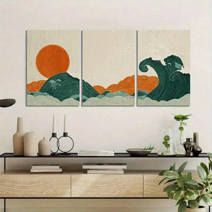 3pcs Illustration of Two Waves Art Painting Metal Print Ready to Hang Art