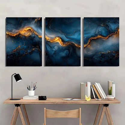 3pcs Abstract Black Blue and Golden Marble Metal Print Ready to Hang Art