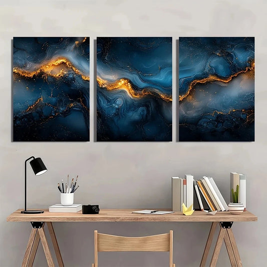 3pcs Abstract Black Blue and Golden Marble Metal Print Ready to Hang Art