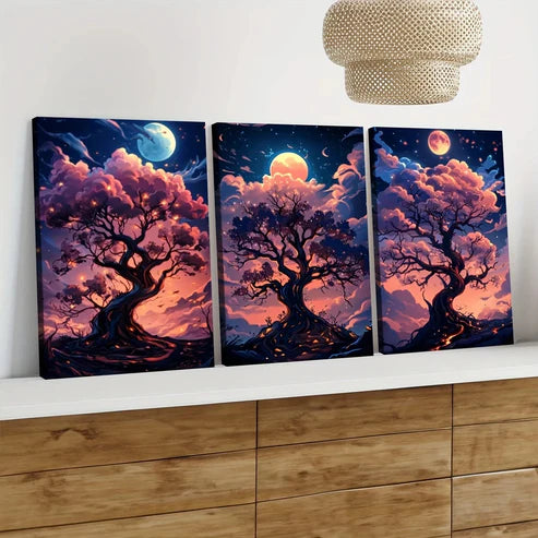 3pcs Cartoon Tree Glowing Branches Pink Clouds Wall Art Set Canvas Unframed - High Quality Print 100% Australian Made Wall Canvas