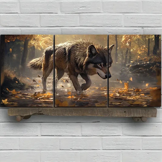 3pcs Majestic Lonely Wolf in Autumn Forest Scene Metal Print Ready to Hang Art
