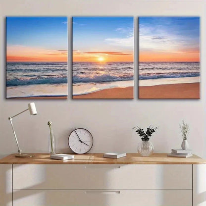 3pcs Beach Sunset Sunrise And Wave Wall Art Set Canvas Framed 40x60cm - High Quality Print 100% Australian Made Wall Canvas Ready to Hang