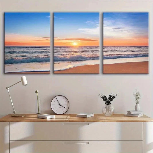 3pcs Beach Sunset Sunrise And Wave Wall Art Set Canvas Framed 40x60cm - High Quality Print 100% Australian Made Wall Canvas Ready to Hang