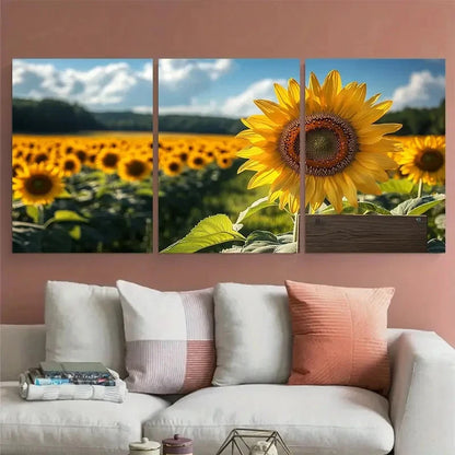 3pcs Vibrant Blooming Sunflower Field Nature Metal Print Ready to Hang Art