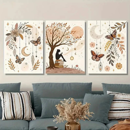 3pcs Beige & Golden Leaf & Butterfly Metal Print Ready to Hang Art