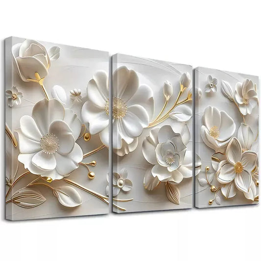 3pcs Floral Art Decorative White Flowers  Art Set Canvas Framed 50x70cm -  High Quality Print 100% Australian Made Wall Canvas Ready to Hang